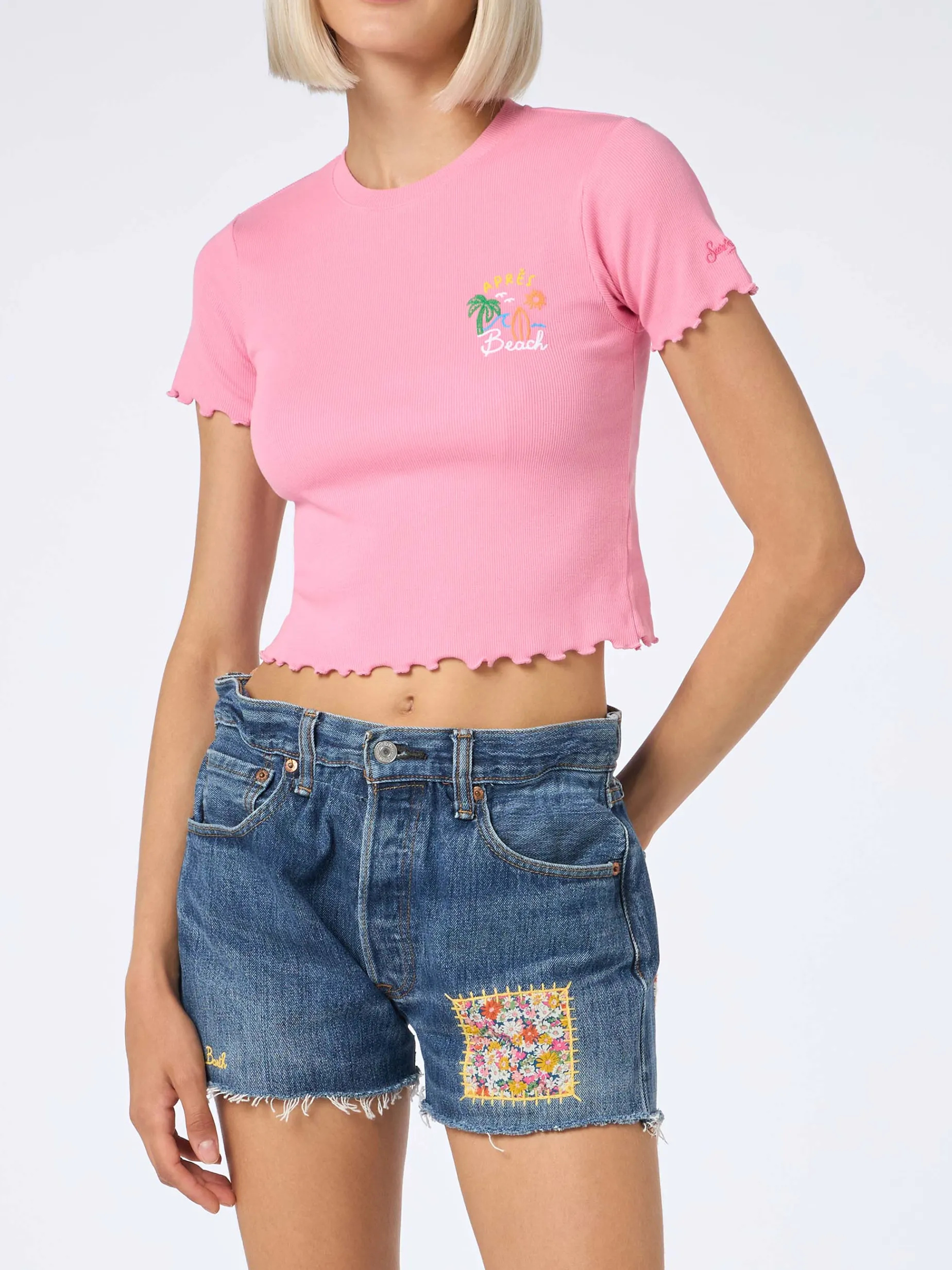 Geripptes Damen-T-Shirt mit Après Beach-Stickerei