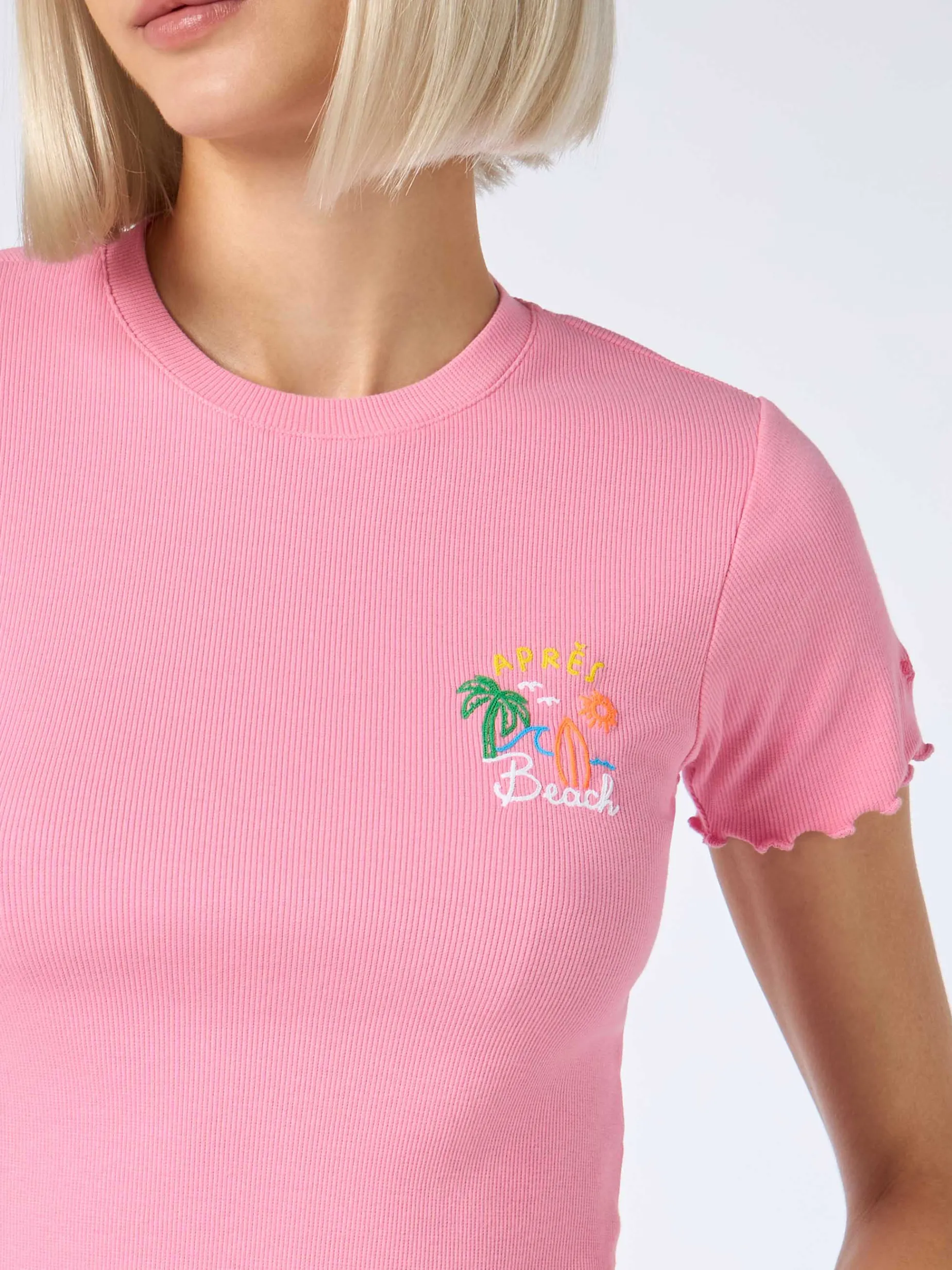 Geripptes Damen-T-Shirt mit Après Beach-Stickerei