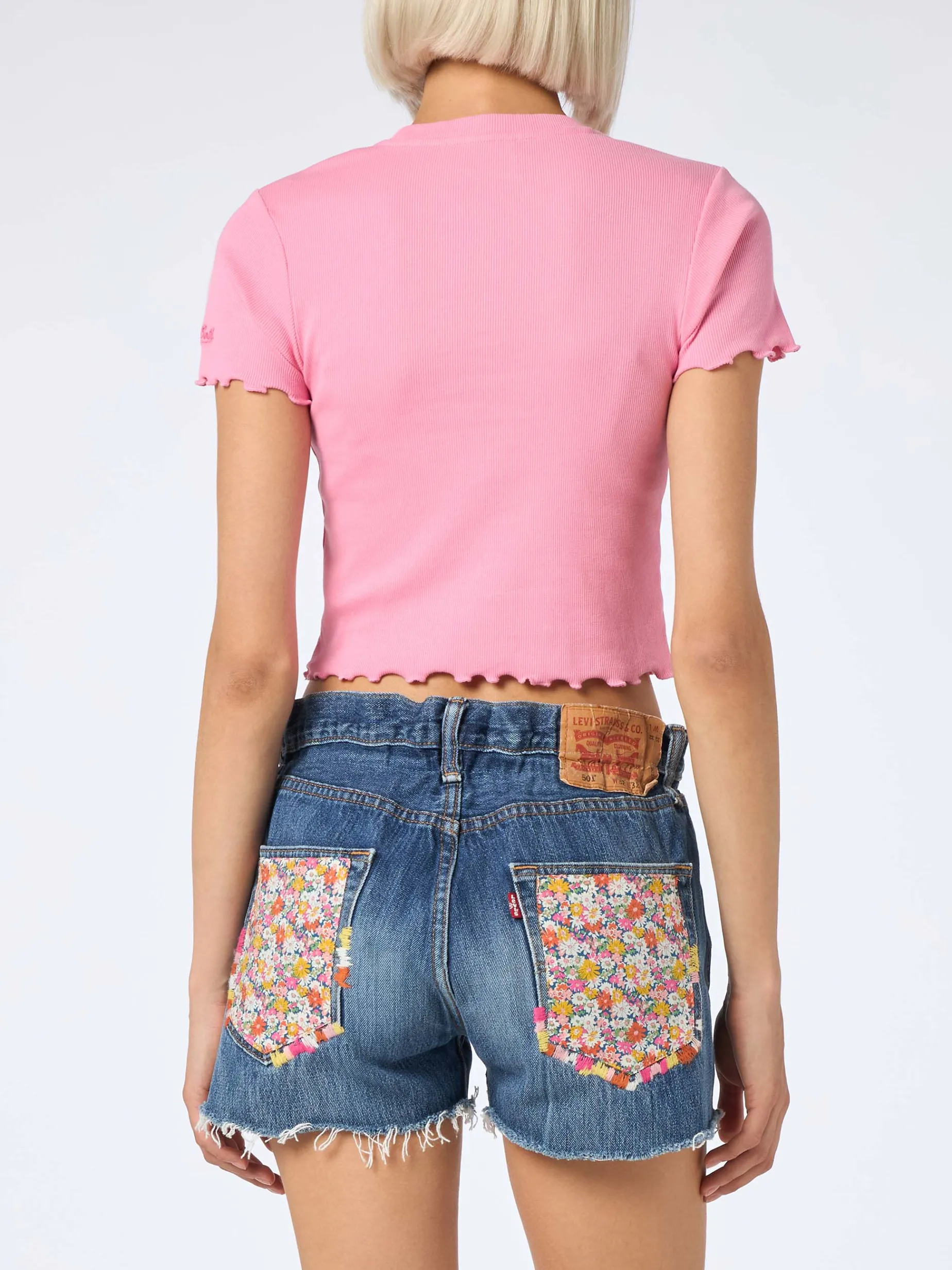 Geripptes Damen-T-Shirt mit Après Beach-Stickerei