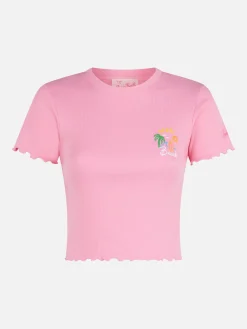 Geripptes Damen-T-Shirt mit Après Beach-Stickerei