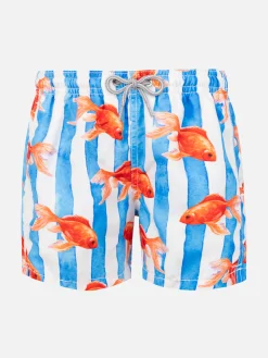 Gestreifte Badeshorts für Jungen mit goldenem Fischaufdruck
