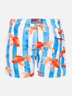 Gestreifte Badeshorts für Jungen mit goldenem Fischaufdruck