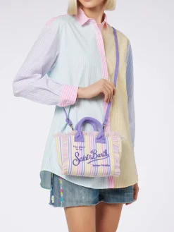Gestreifte Mini-Kosmetiktasche aus Frottee mit Prägung