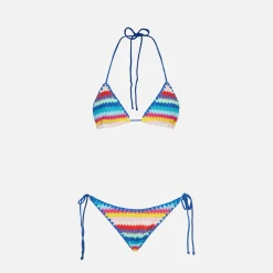 Gestreifter, gehäkelter Triangel-Bikini für Damen