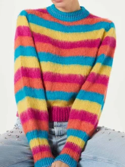 Gestreifter Pullover aus gebürstetem Strick mit Puffärmeln