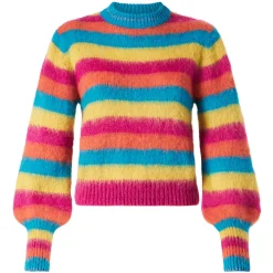 Gestreifter Pullover aus gebürstetem Strick mit Puffärmeln