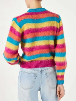 Gestreifter Pullover aus gebürstetem Strick mit Puffärmeln