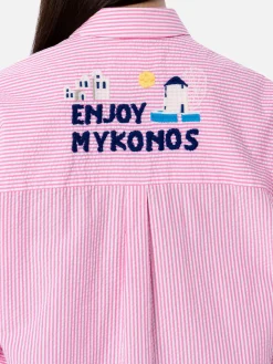 Gestreiftes Überhemd aus weicher Baumwolle für Damen Brigitte mit Mykonos-Stickerei vorne und hinten