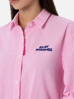 Gestreiftes Überhemd aus weicher Baumwolle für Damen Brigitte mit Mykonos-Stickerei vorne und hinten