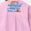 Gestreiftes Überhemd Brigitte aus seersucker Baumwolle für Damen mit Portofino-Stickerei vorne und hinten