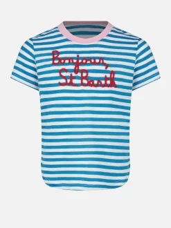 Gestreiftes Mädchen-T-Shirt mit Bonjour St. Barth-Stickerei