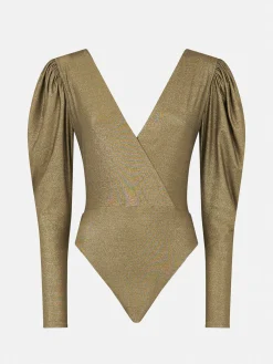 Gestrickte glitzernde Gold-Bodywear / einteiliger Badeanzug