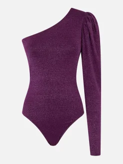 Gestrickter, glitzernder, lila One-Shoulder-Badeanzug/Bodywear