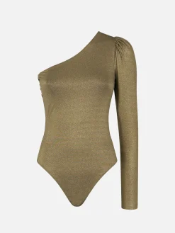 Gestrickter One-Shoulder-Badeanzug/Bodywear in glitzerndem Gold