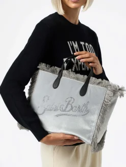 Graue Colette-Handtasche aus Samt mit Strass-Logo