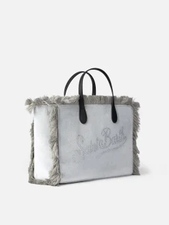 Graue Colette-Handtasche aus Samt mit Strass-Logo