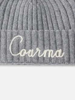 Graue gerippte Wengen-Mütze für Damen mit Courma-Stickerei