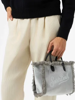Graue Samthandtasche Mini Vanity mit Saint Barth-Strass-Logo