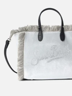 Graue Samthandtasche Mini Vanity mit Saint Barth-Strass-Logo