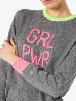 Grauer Damenpullover GIRL PWR mit Fluo-Stickerei und Fluo-Details