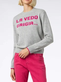 Grauer Damenpullover mit Rundhalsausschnitt und La Vedo Grigia...-Aufdruck