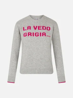 Grauer Damenpullover mit Rundhalsausschnitt und La Vedo Grigia...-Aufdruck