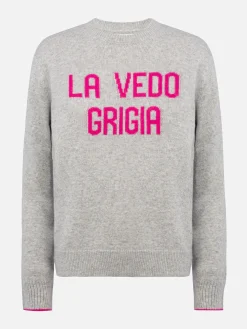 Grauer Damenpullover New Queen mit La vedo grigia-Aufdruck