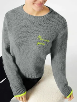Grauer gebürsteter Damenpullover mit Mai una Gioia-Stickerei