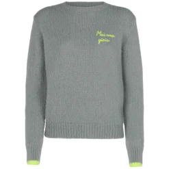 Grauer gebürsteter Damenpullover mit Mai una Gioia-Stickerei