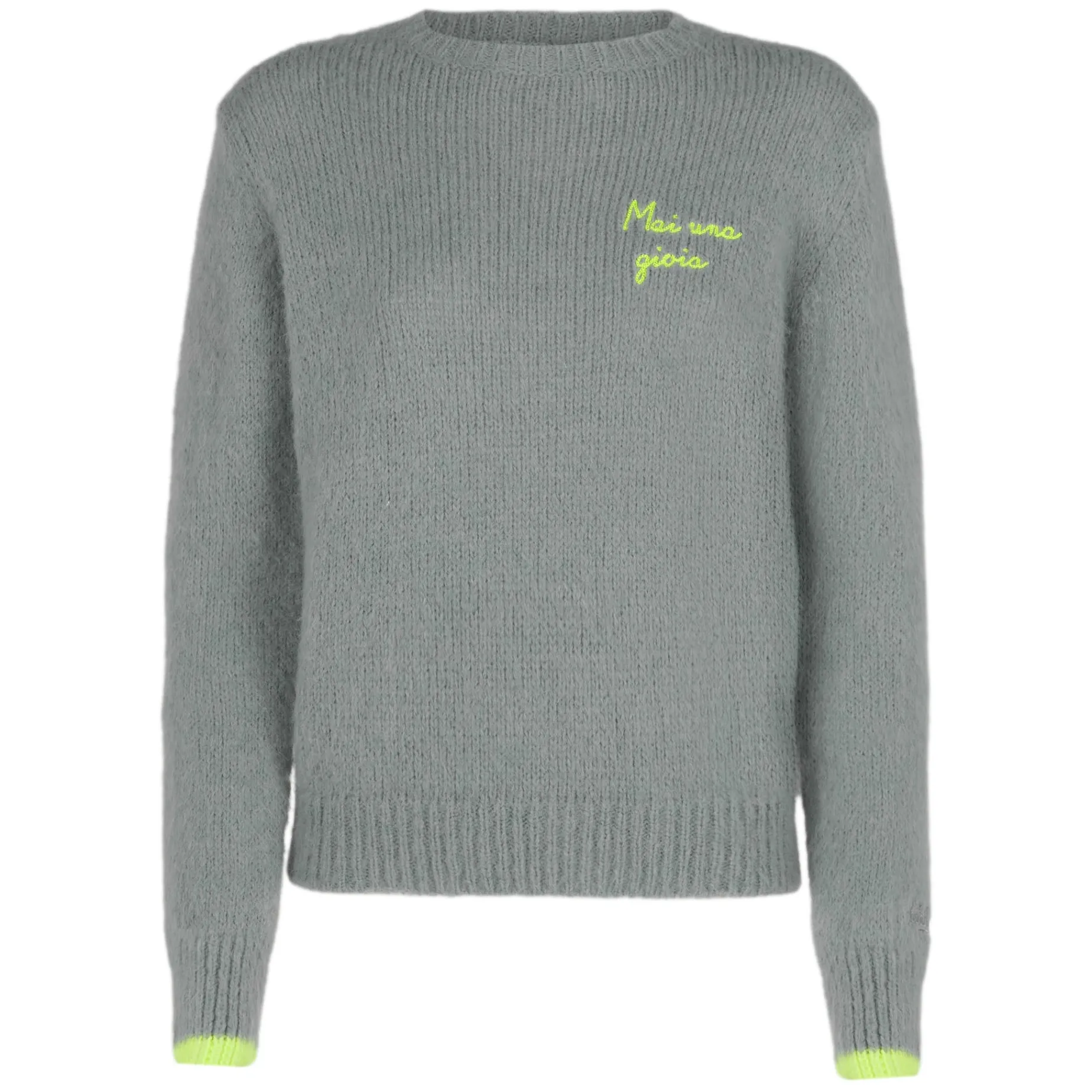 Grauer gebürsteter Damenpullover mit Mai una Gioia-Stickerei