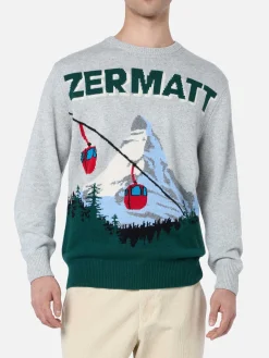 Grauer Herrenpullover Heron mit Zermatt-Zopf-Postkartendruck