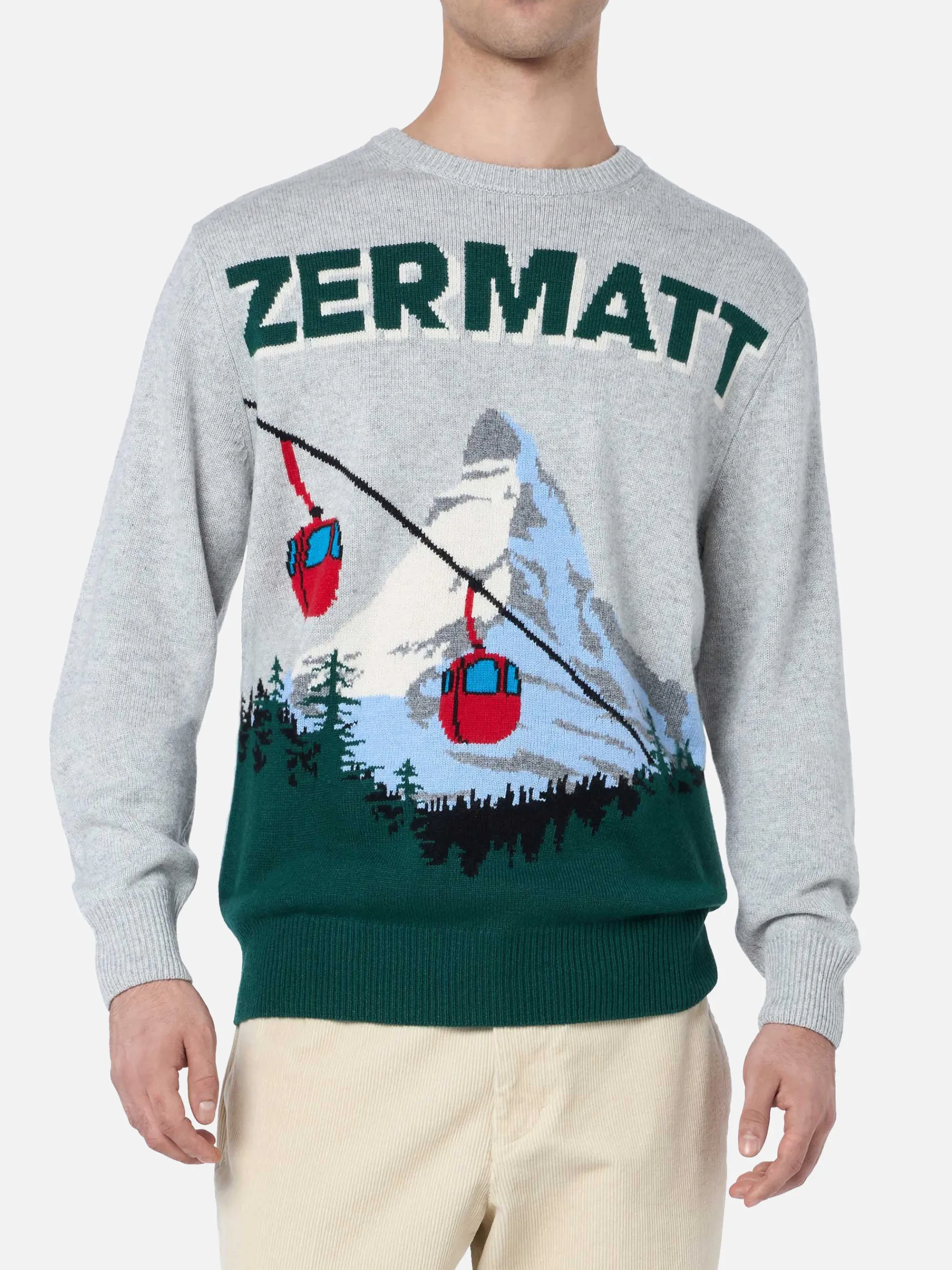 Grauer Herrenpullover Heron mit Zermatt-Zopf-Postkartendruck