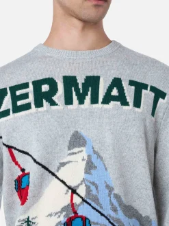 Grauer Herrenpullover Heron mit Zermatt-Zopf-Postkartendruck