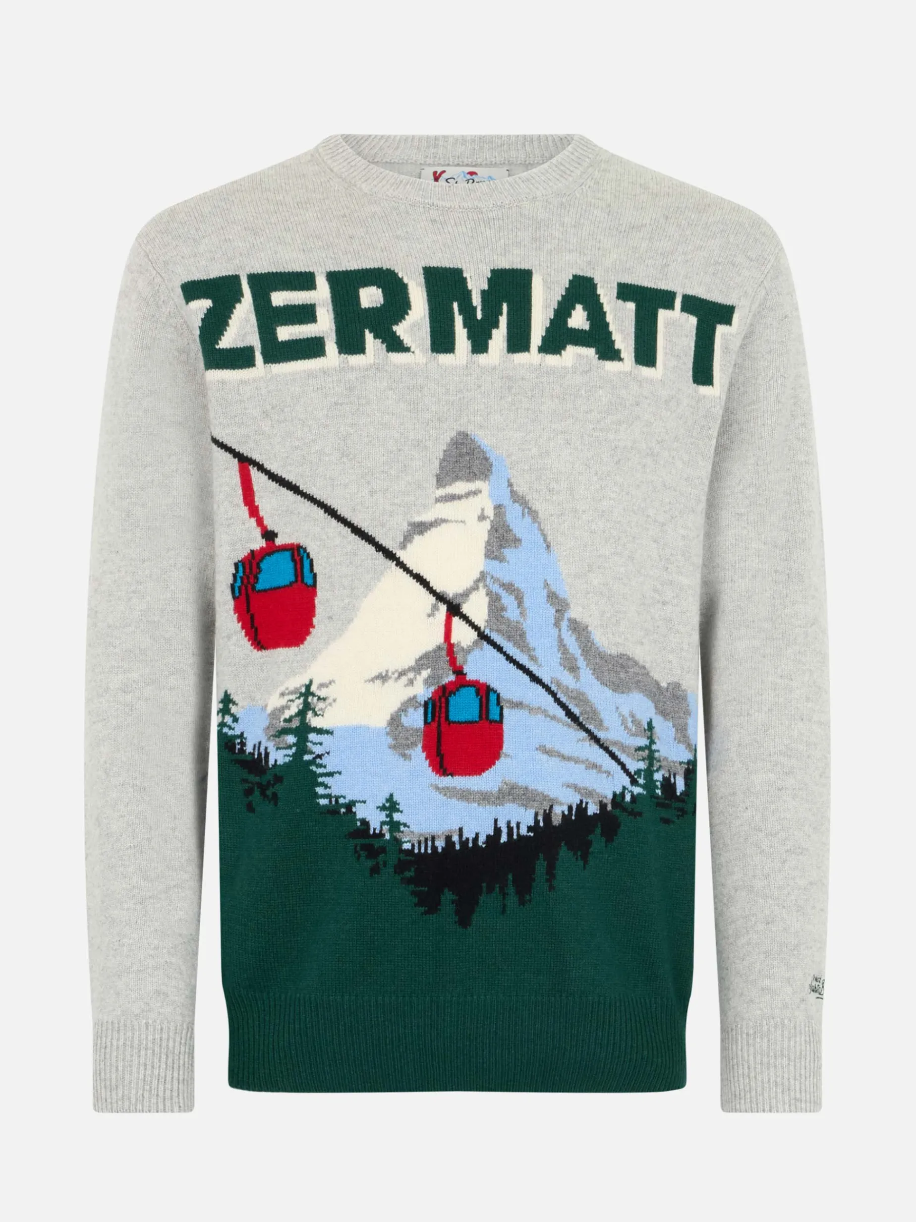 Grauer Herrenpullover Heron mit Zermatt-Zopf-Postkartendruck