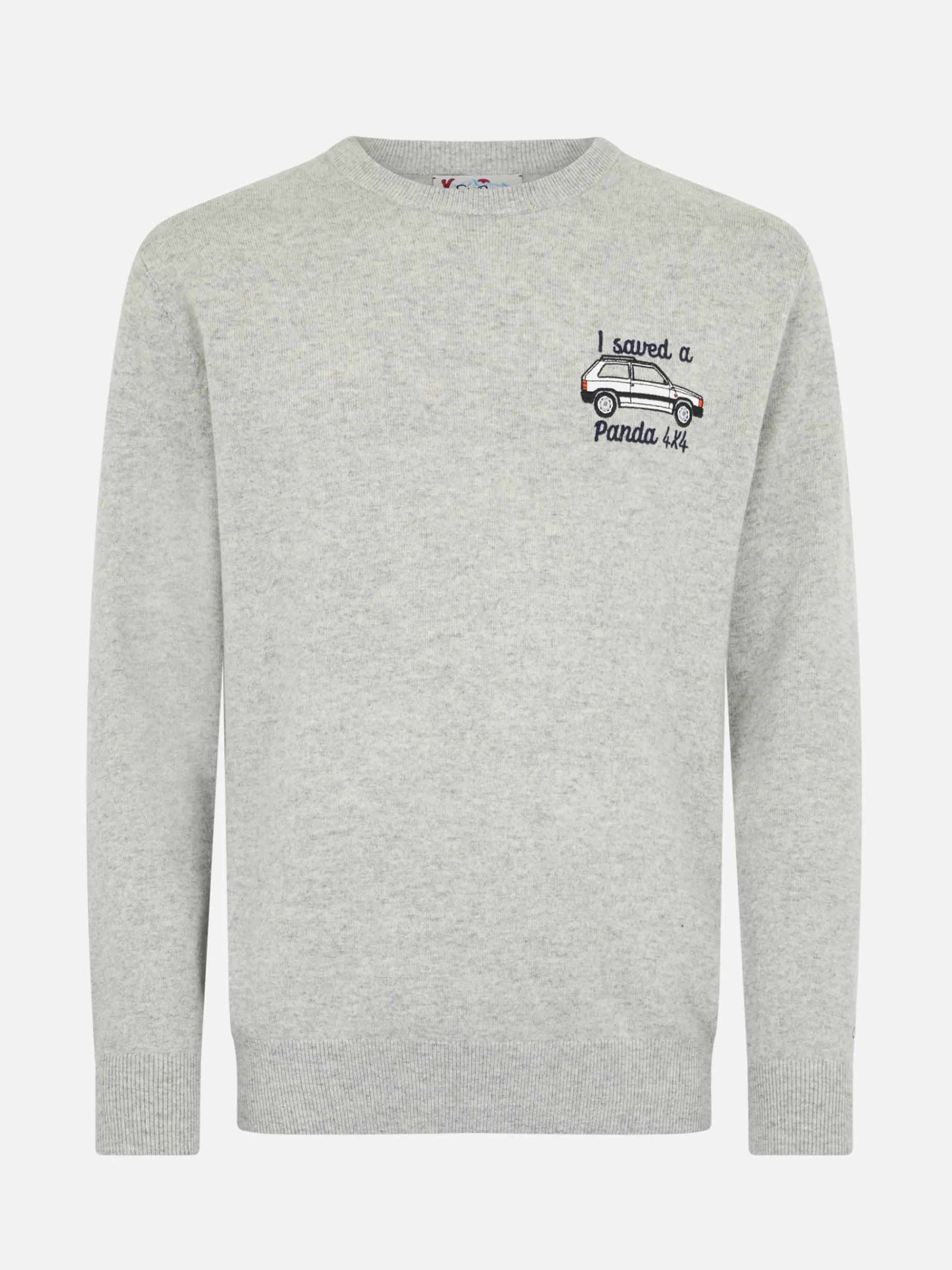 Grauer Herrenpullover Heron mit „I saved a Panda 4x4“-Stickerei | FIAT PANDA SPECIAL EDITION