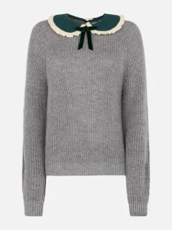 Grauer Rippenpullover Calia für Damen mit Samtkragen und Schleife