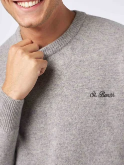 Graumelierter Herrenpullover mit Rundhalsausschnitt und St. Barth-Stickerei