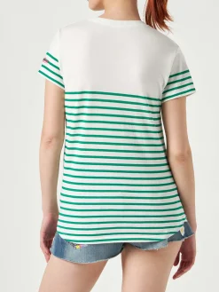 Grün gestreiftes Baumwoll-T-Shirt mit St. Barth-Stickerei