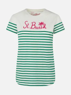 Grün gestreiftes Baumwoll-T-Shirt mit St. Barth-Stickerei