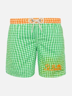 Grüne Badeshorts für Jungen mit Gingham-Karomuster und Stickerei