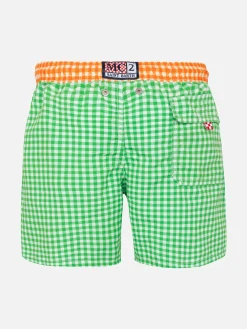 Grüne Badeshorts für Jungen mit Gingham-Karomuster und Stickerei