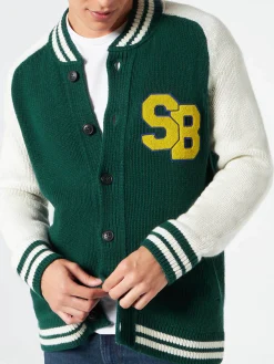 Grüne Strickbomberjacke im College-Stil