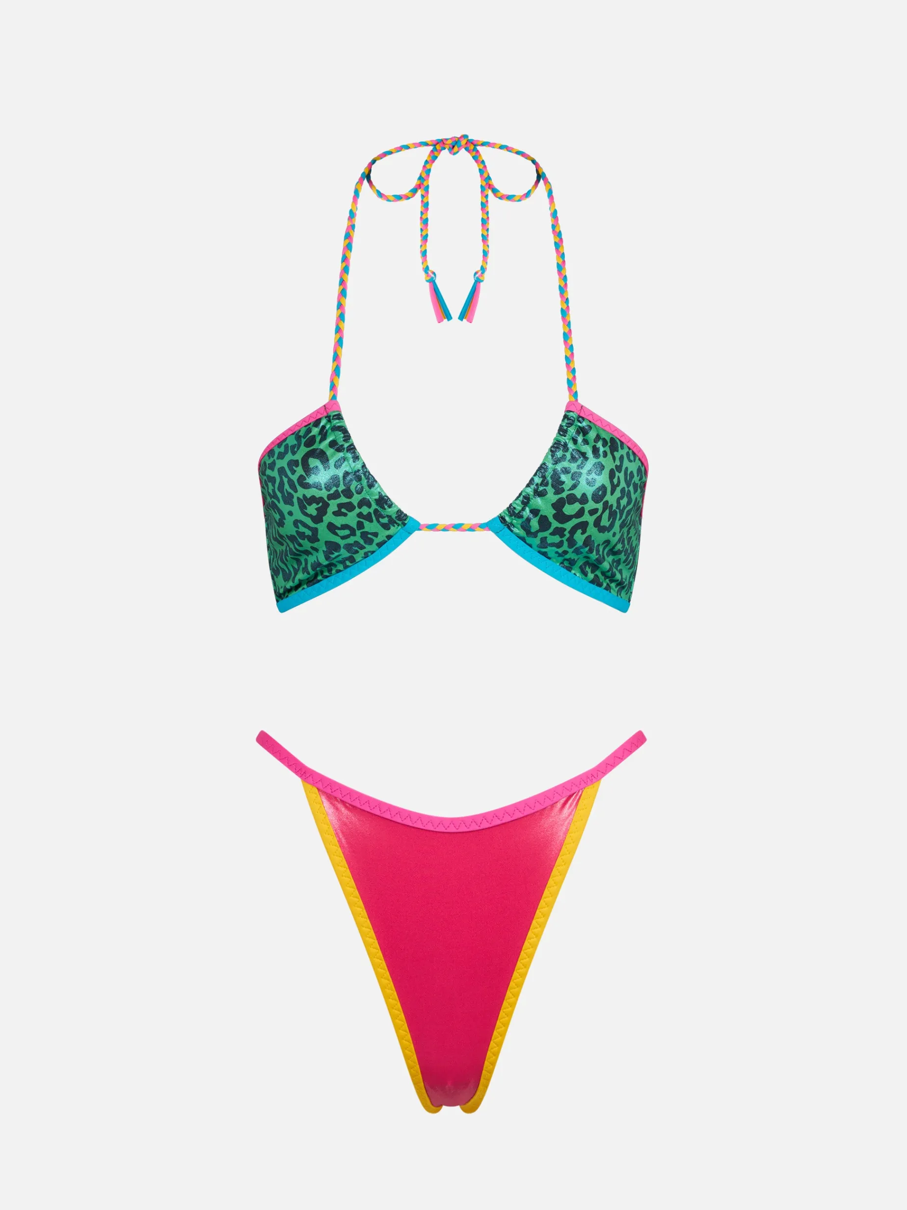 Grüner Bandeau-Bikini mit Leopardenmuster und Paspelierung