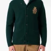 Grüner, gerippter Herren-Cardigan mit Schalkragen, Taschen und Aufnäher