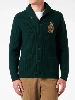 Grüner, gerippter Herren-Cardigan mit Schalkragen, Taschen und Aufnäher