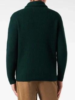 Grüner, gerippter Herren-Cardigan mit Schalkragen, Taschen und Aufnäher