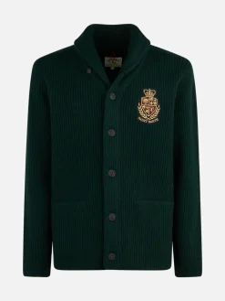 Grüner, gerippter Herren-Cardigan mit Schalkragen, Taschen und Aufnäher