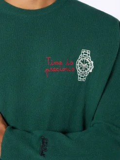 Grüner Herrenpullover „Heron“ mit „Time is Precious“-Stickerei