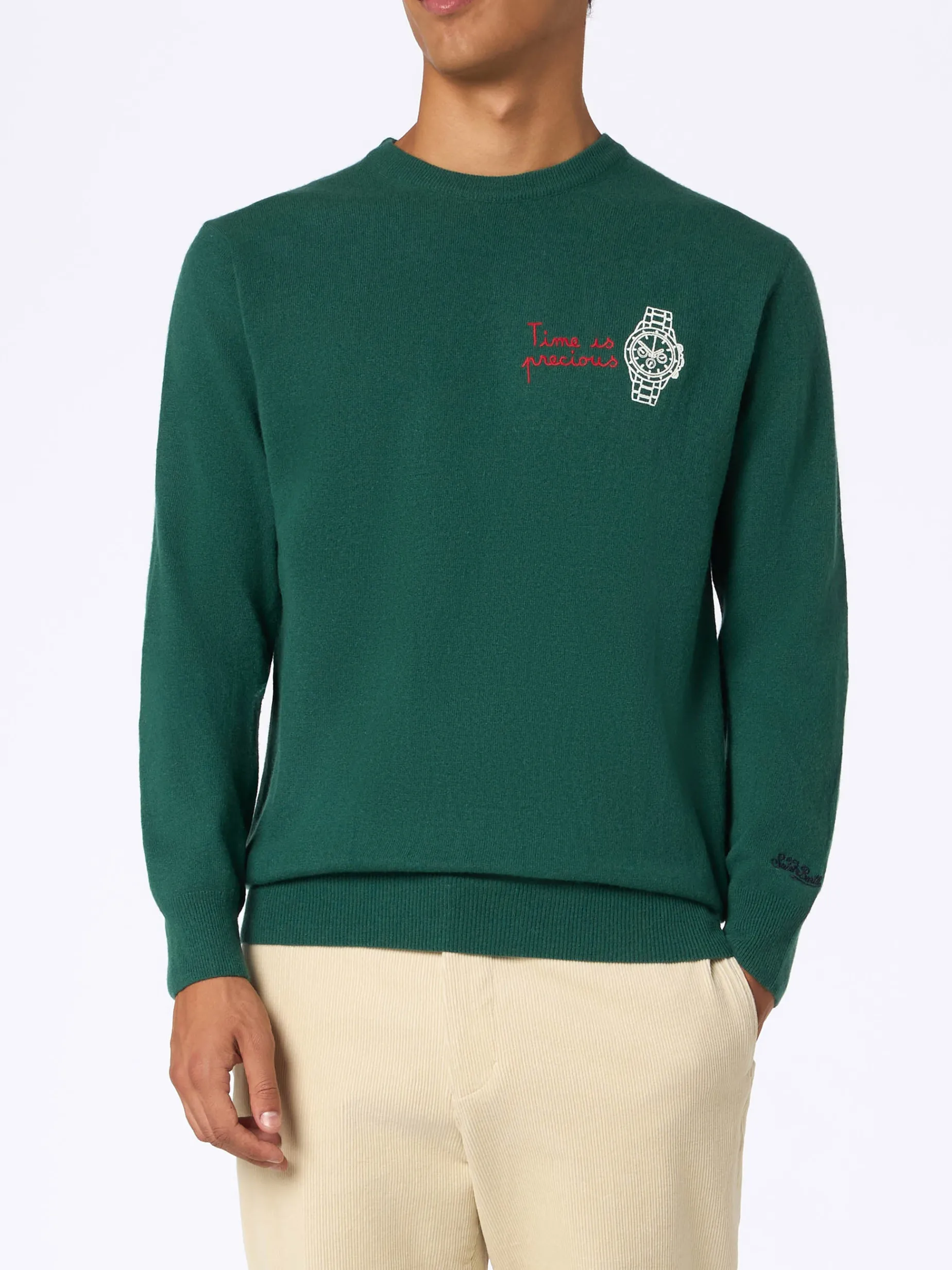 Grüner Herrenpullover „Heron“ mit „Time is Precious“-Stickerei