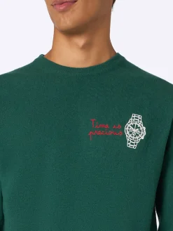 Grüner Herrenpullover „Heron“ mit „Time is Precious“-Stickerei